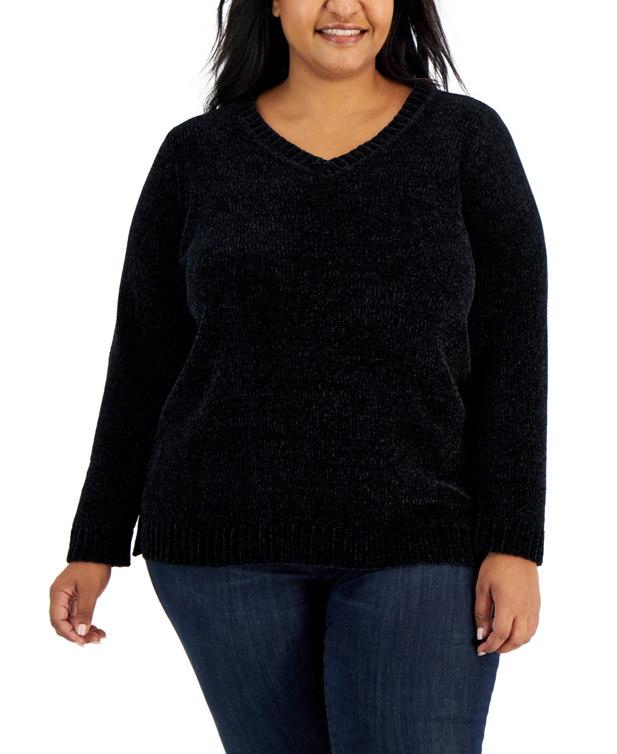 Karen Scott Plus Size Chenille V-neck Sweater, Created For Macy's In Deep Black