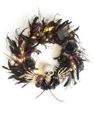 Holiday Lane - Halloween Skull & Foliage LED Light-Up Wreath