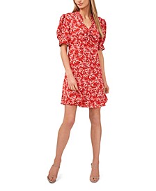 Women's Puff Sleeve V-neck Printed Dress with Tie