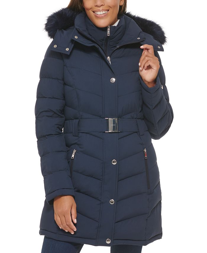 Tommy Hilfiger Women's Belted Faux-Fur-Trim Puffer Created for Macy's -
