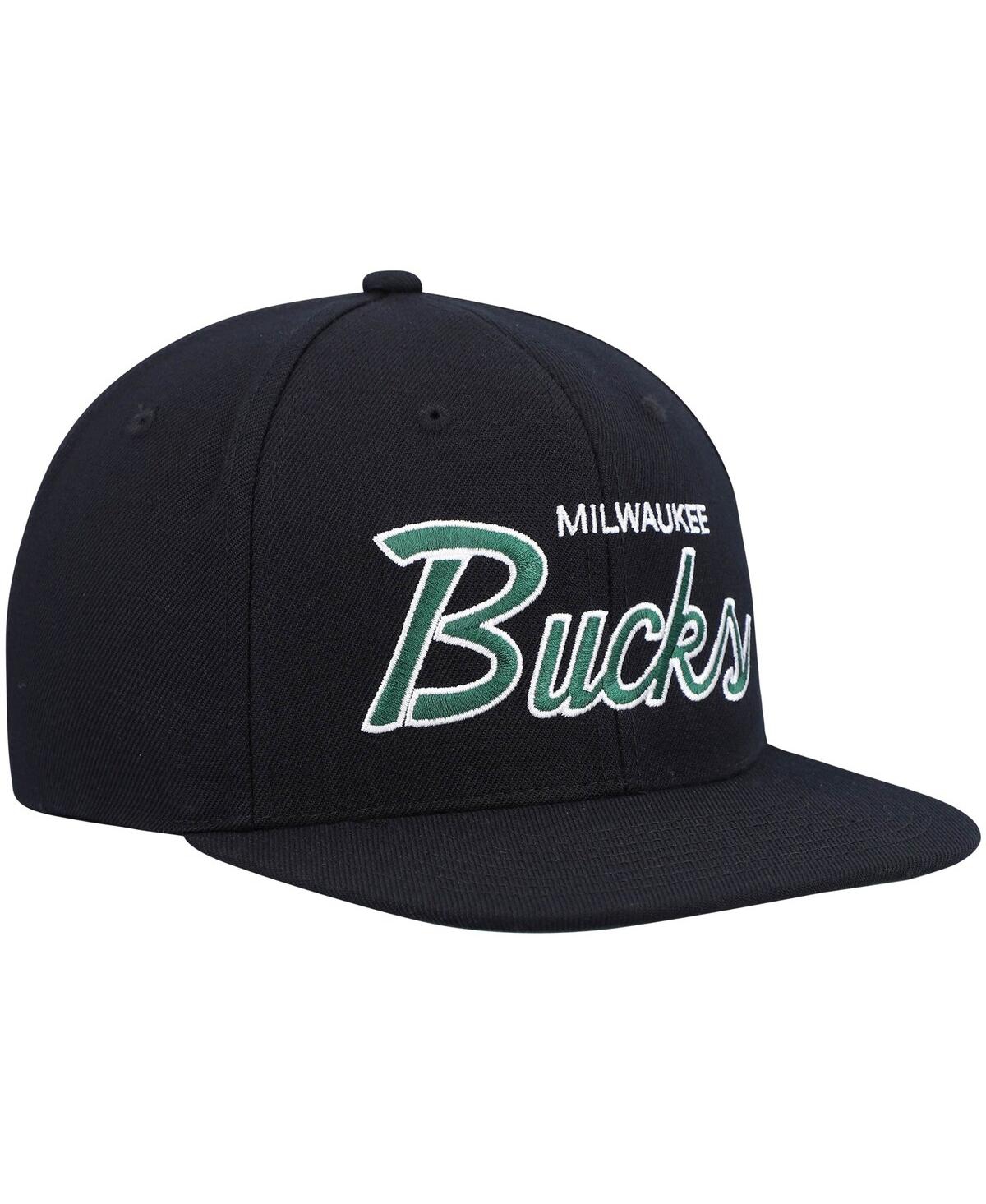 Mitchell & Ness Men's  Black Milwaukee Bucks Hardwood Classics Script 2.0 Snapback Hat In Black
