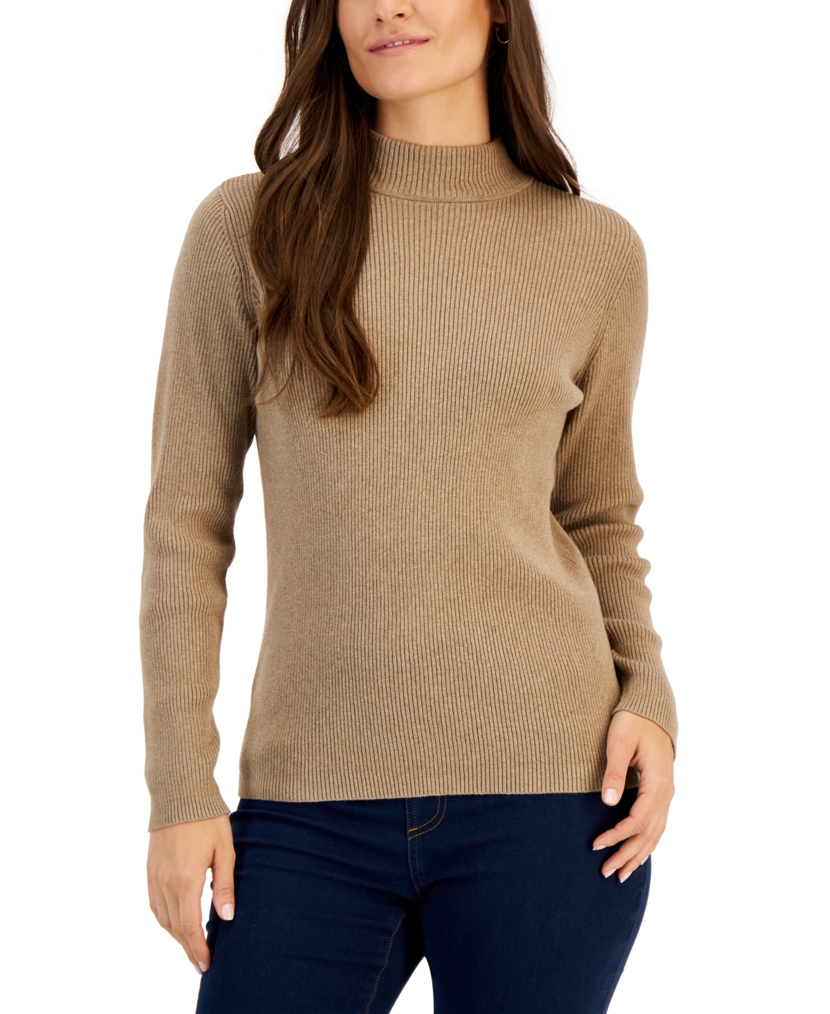 Petite Ribbed Mock-Neck Sweater, Created for Macy's - Chestnut Heather