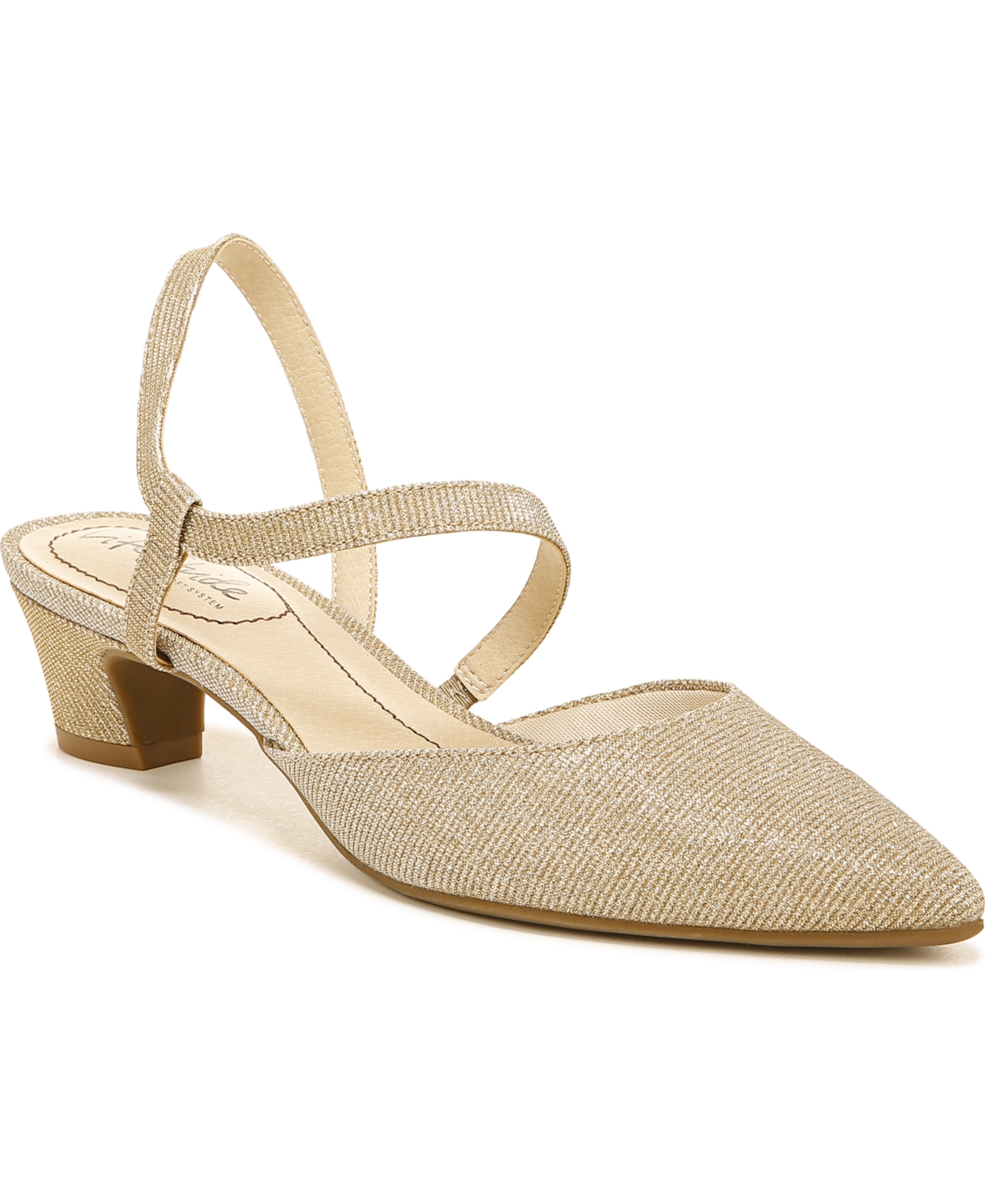 Women's Minimalist Slingback Kitten Heel Pumps - Light Gold Rhinestone Fabric