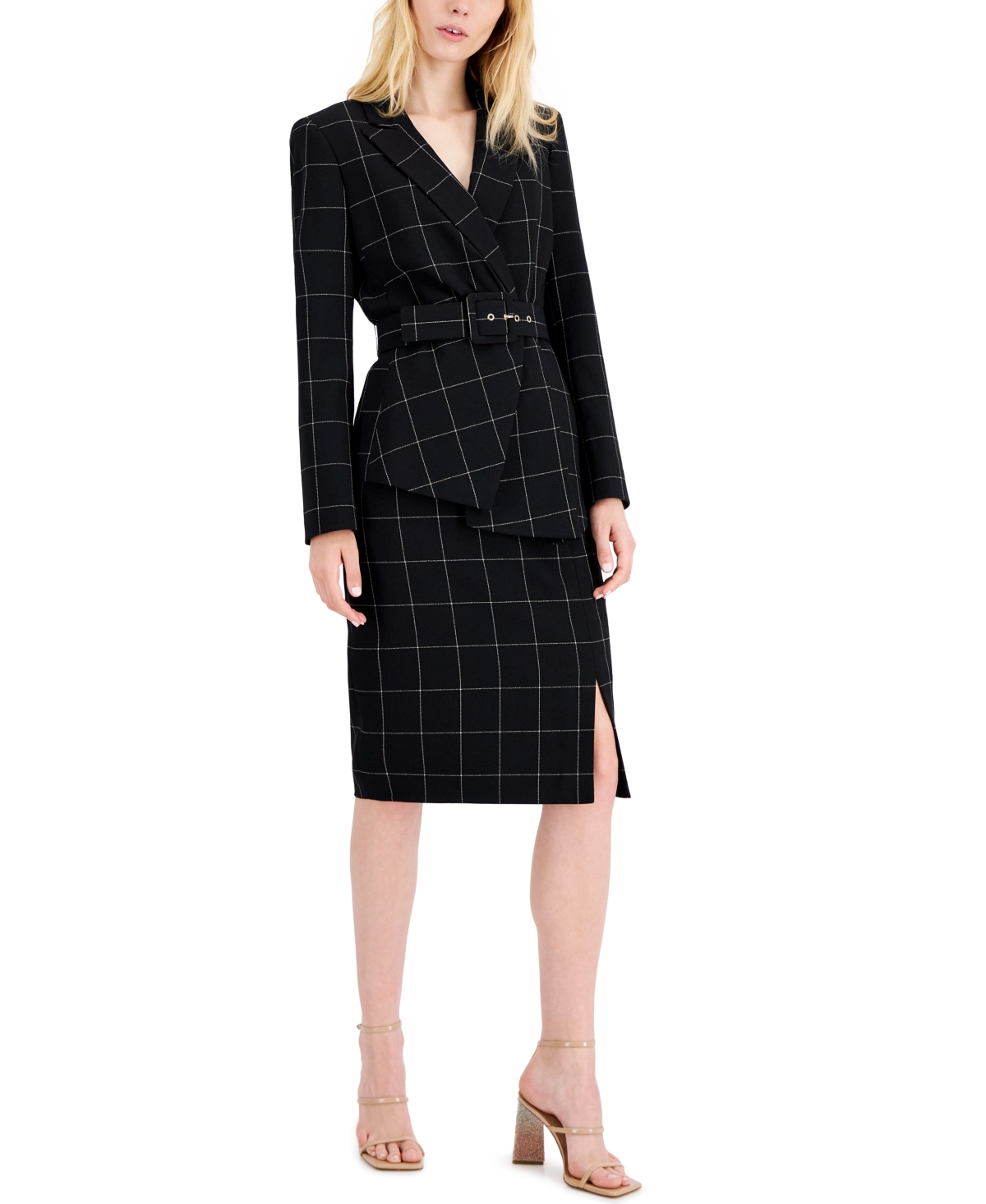 Tahari Asl Women's Windowpane-Print Skirt Suit -ivory