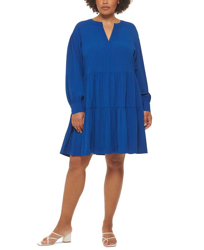 Calvin Klein Plus Size Split-Neck A-Line Dress - Macy's