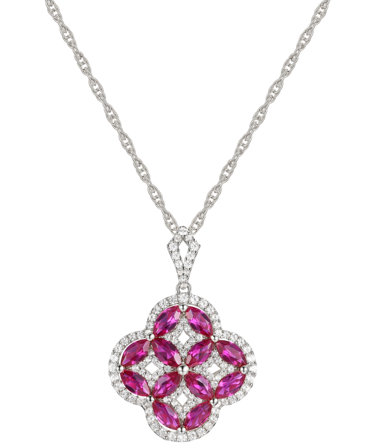 Lab-Grown Sapphire (2-1/3 ct. t.w.) & Lab-Grown White Sapphire (3/8 ct. t.w.) Quatrefoil Pendant Necklace in Sterling Silver (Also in Lab-Grown Em