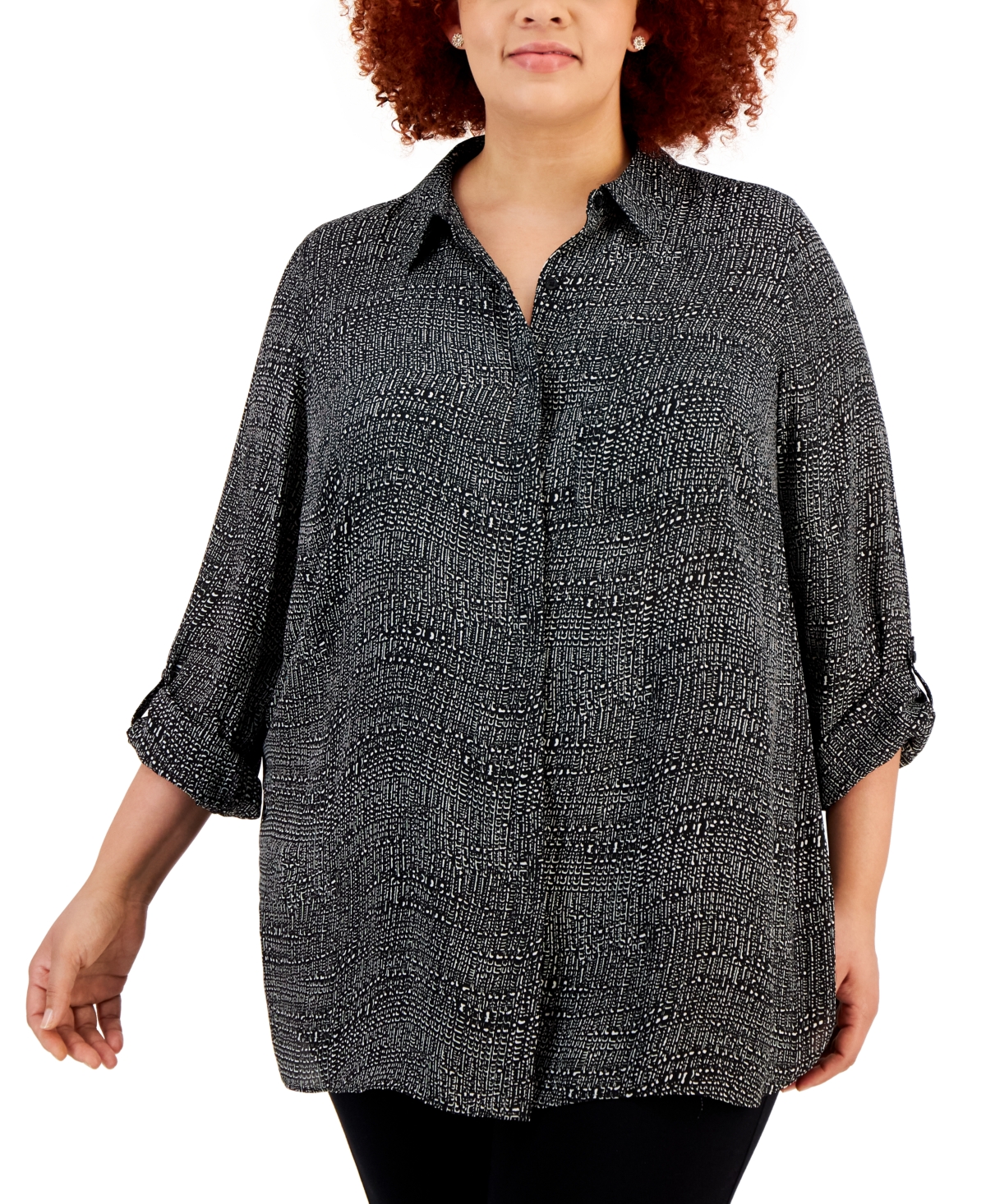 Alfani Plus Size Printed Button-front Tunic, Created For Macy's In Black Texture