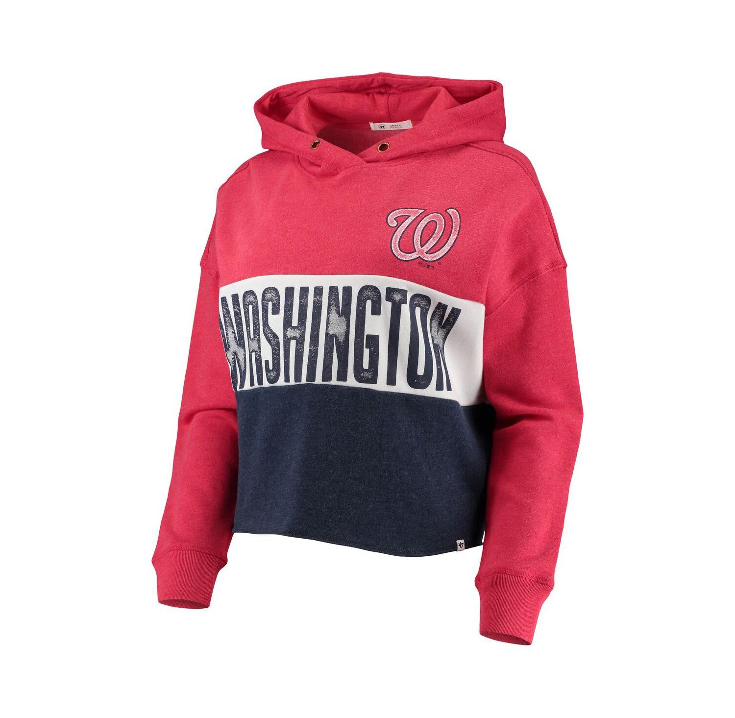 Women's '47 Heathered Red and Heathered Navy Washington Nationals Lizzy Cropped Pullover Hoodie
