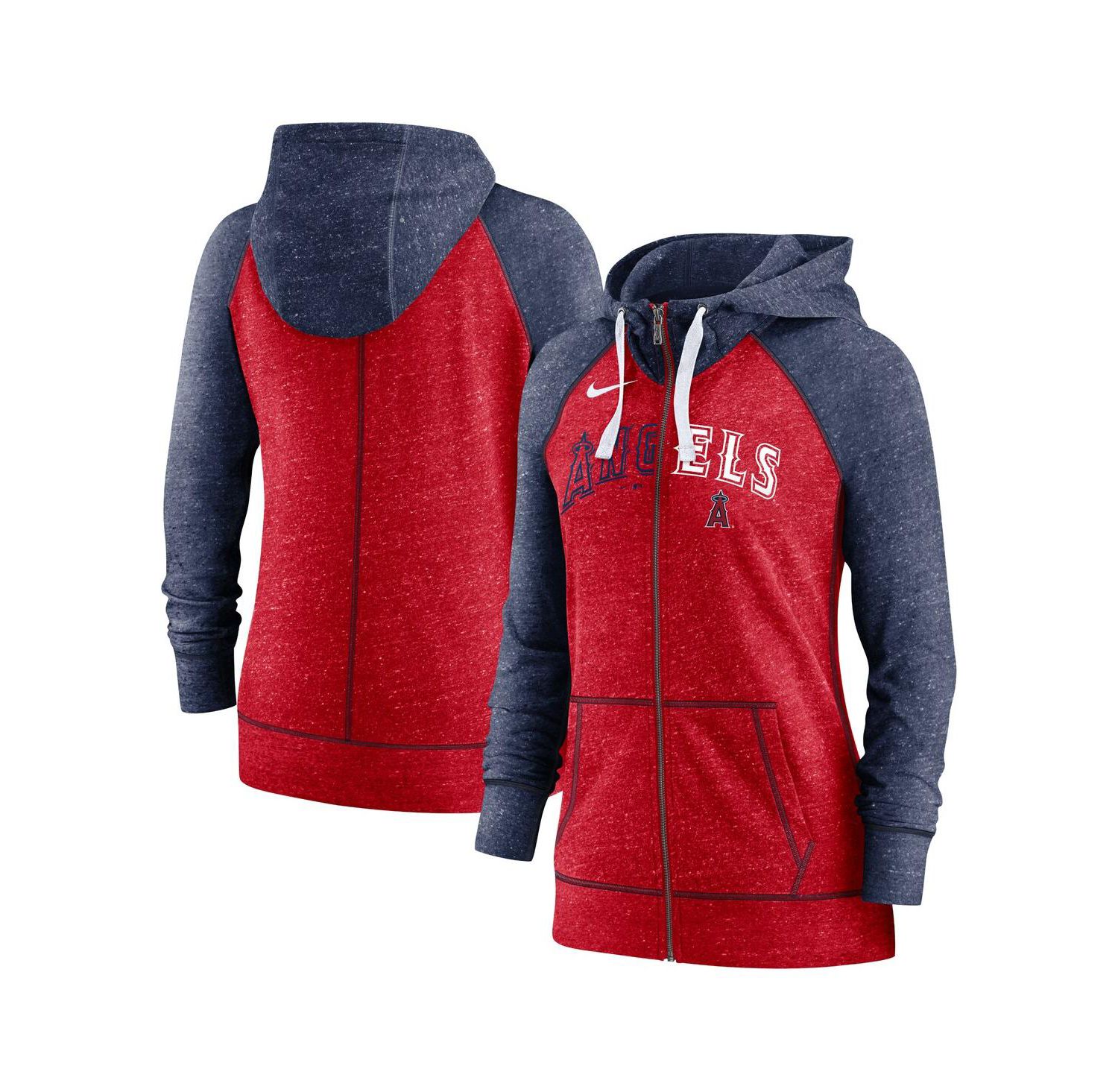 Women's Heathered Red and Heathered Navy Los Angeles Angels Split Wordmark Gym Vintage-Like Raglan Slub Full-Zip Hoodie