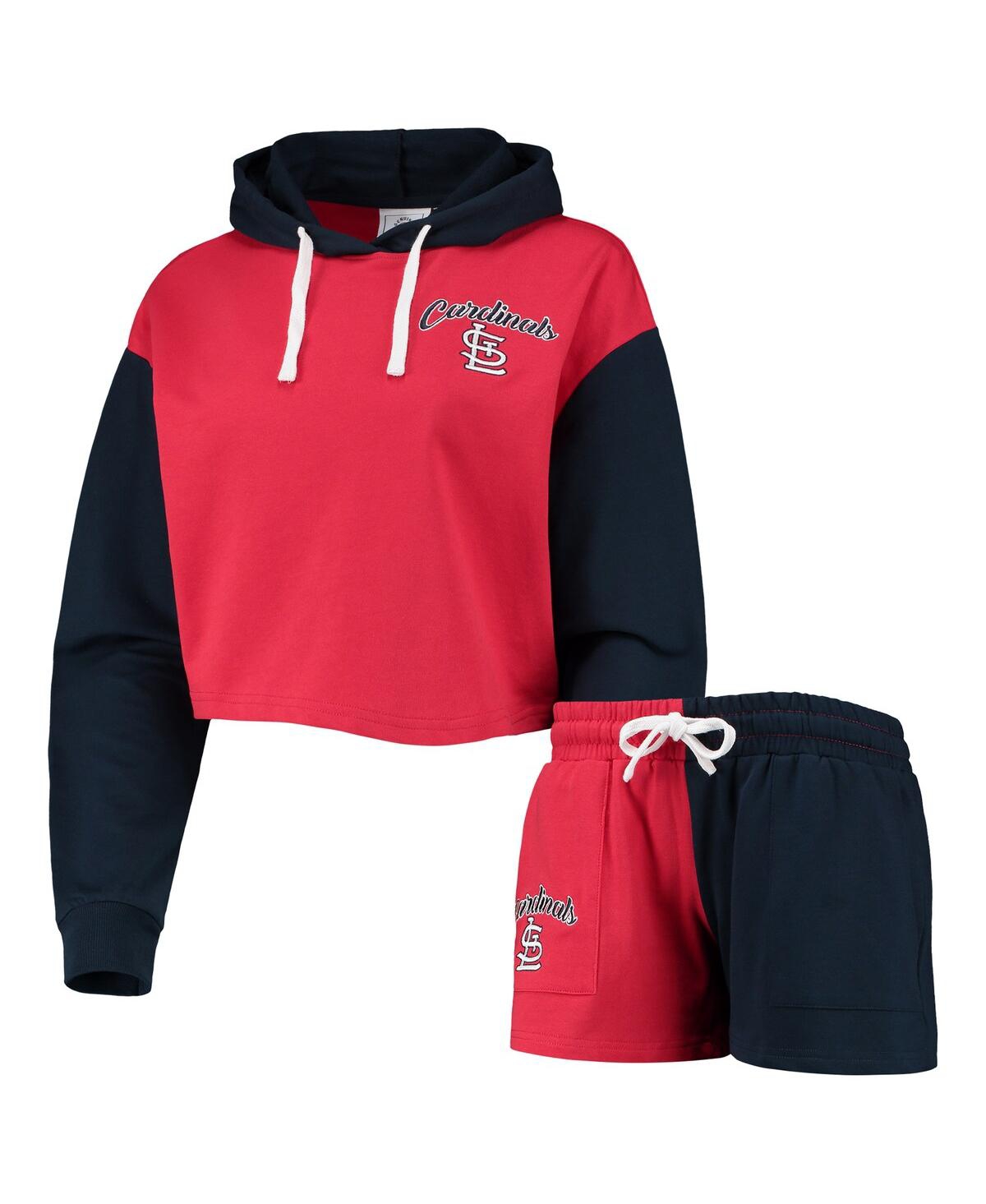 Shop Foco Women's  Red, Navy St. Louis Cardinals Color-block Pullover Hoodie And Shorts Lounge Set In Red,navy