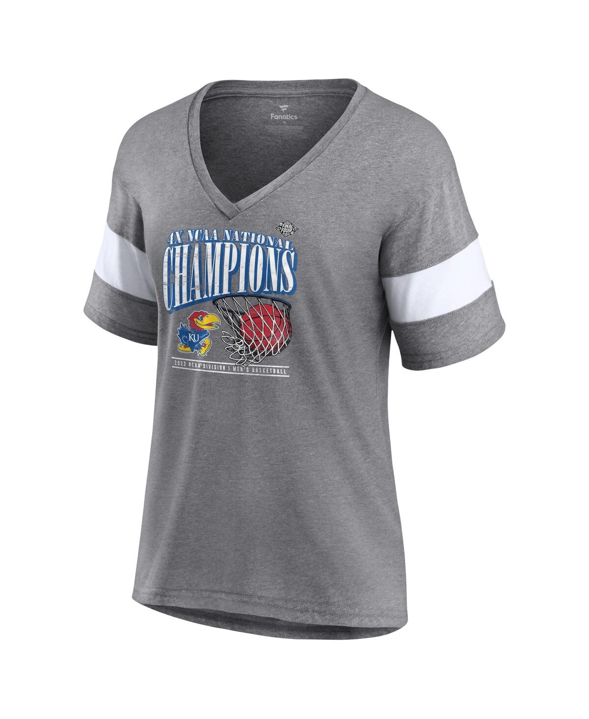 Women's FanaticsKansas Jayhawks 2022 Ncaa Men's Basketball National Champions Press Vintage-Like V-Neck T-shirt - Heathered Gray