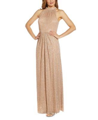 Halter Pleated Metallic Gown 