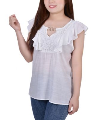 Petite Sleeveless Flutter Yoke Blouse