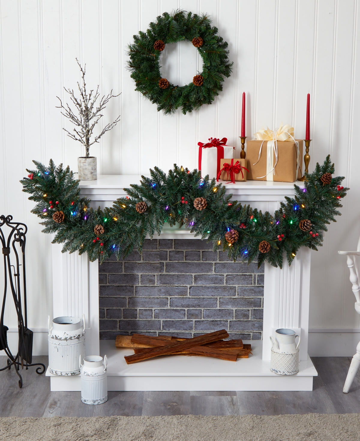 Snow Dusted Artificial Christmas Garland with Lights, Berries and Pinecones,