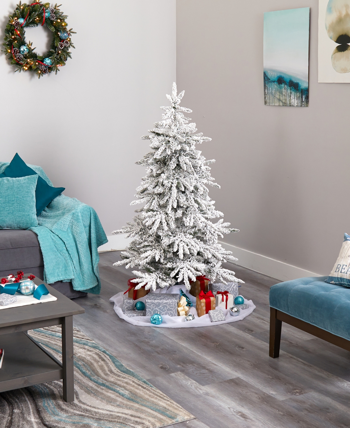 Flocked Colorado Mountain Fir Artificial Christmas Tree with Lights with and Bendable Branches,