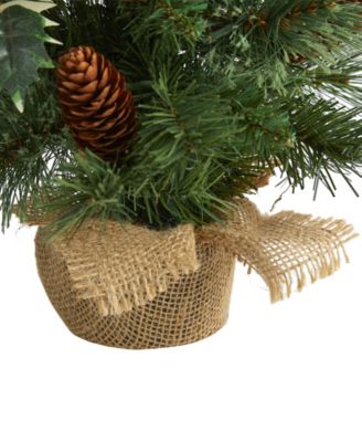 Mixed Pine Artificial Christmas Tree with Holly Berries, Pinecones Lights and Burlap Base, 18"
