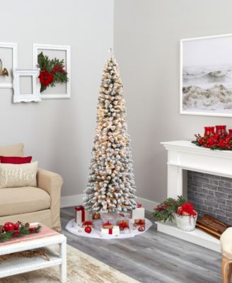 Flocked Pencil Artificial Christmas Tree with Lights and Bendable Branches, 84"