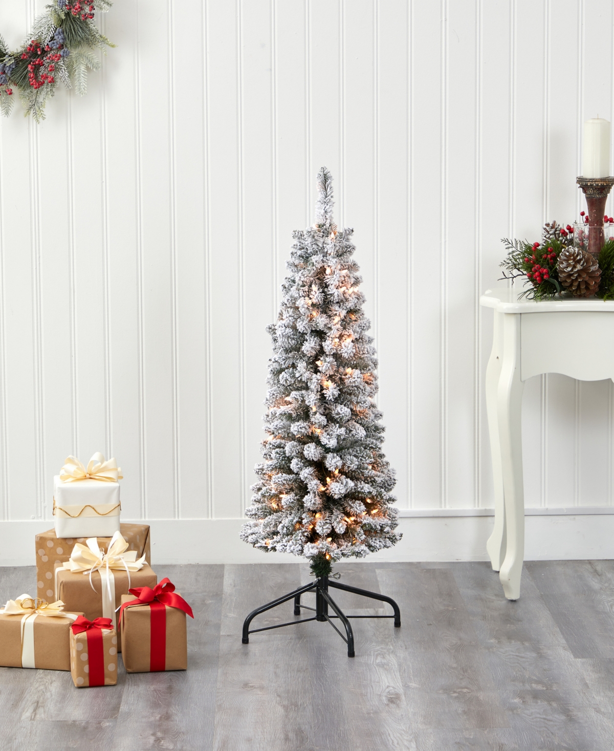 Flocked Pencil Artificial Christmas Tree with Lights and Bendable Branches,