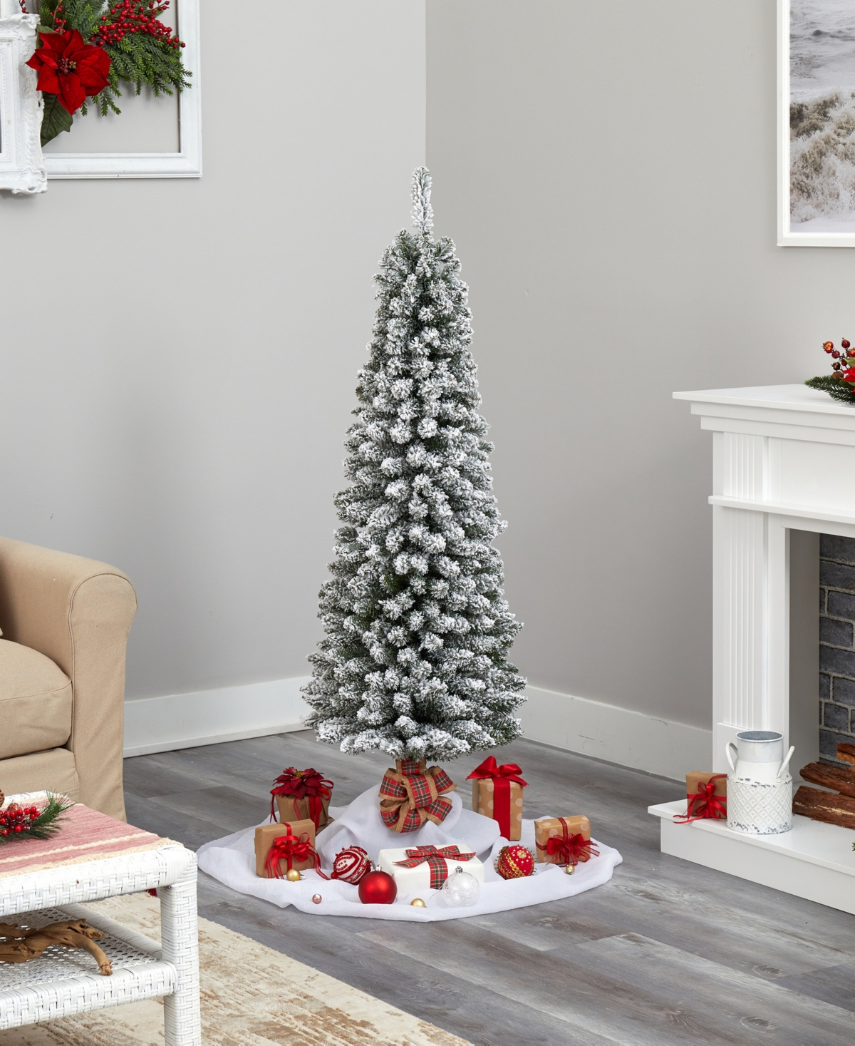 Nearly Natural Flocked Pencil Artificial Christmas Tree With Bendable Branches, 60" In White,green