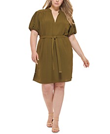 Plus Size Solid Puff-Sleeve Belted Fit & Flare Dress