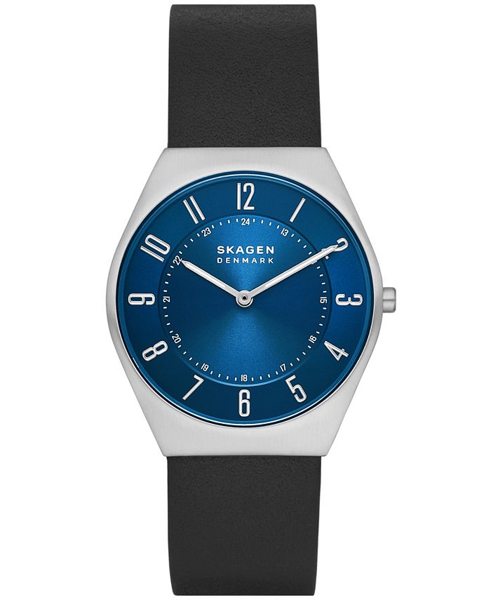 Skagen Men's Grenen Ultra Slim in Black Leather Strap Watch, 37mm - Macy's