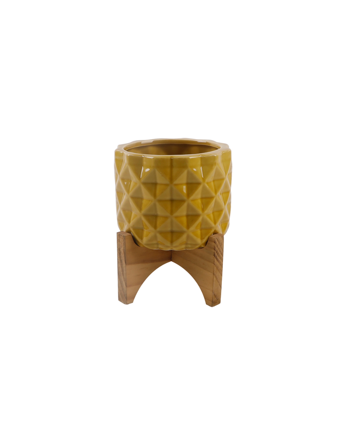 Gl Ceramic Dimple Planter on Wood Stand, 5" - Mustard