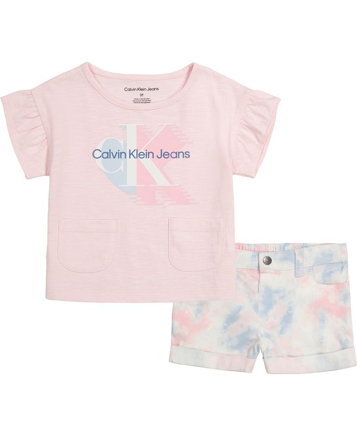 Calvin Klein Little Girls Pocket Tshirt and Printed Denim Shorts, 2