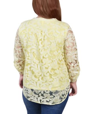 Plus Size Long Sleeve Burnout Y-Neck Blouse