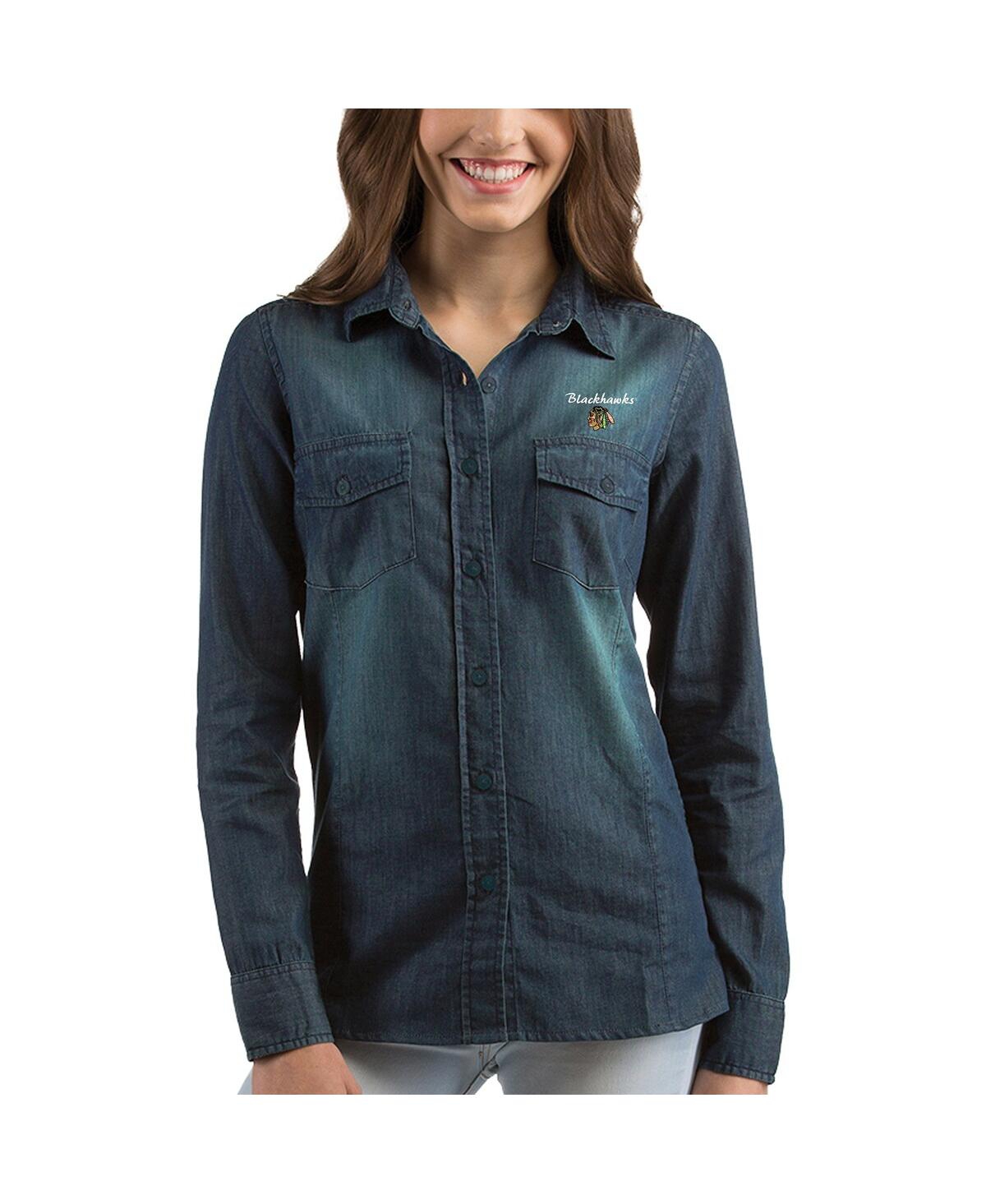 Women's AntiguaChicago Blackhawks Outlook Long Sleeve Button-Up Shirt - Denim