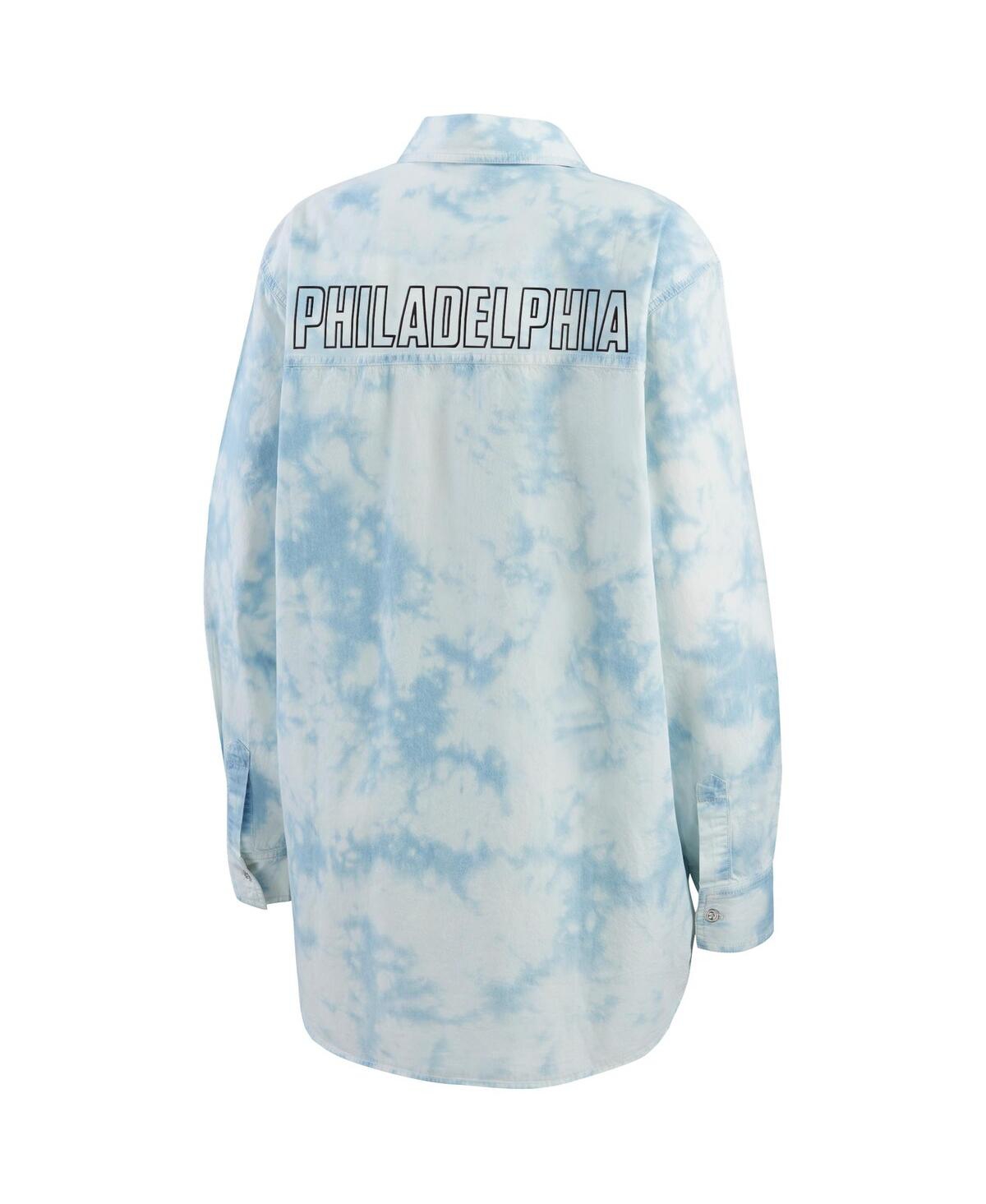 Shop Wear By Erin Andrews Women's  White Philadelphia Flyers Oversized Tie-dye Button-up Denim Shirt