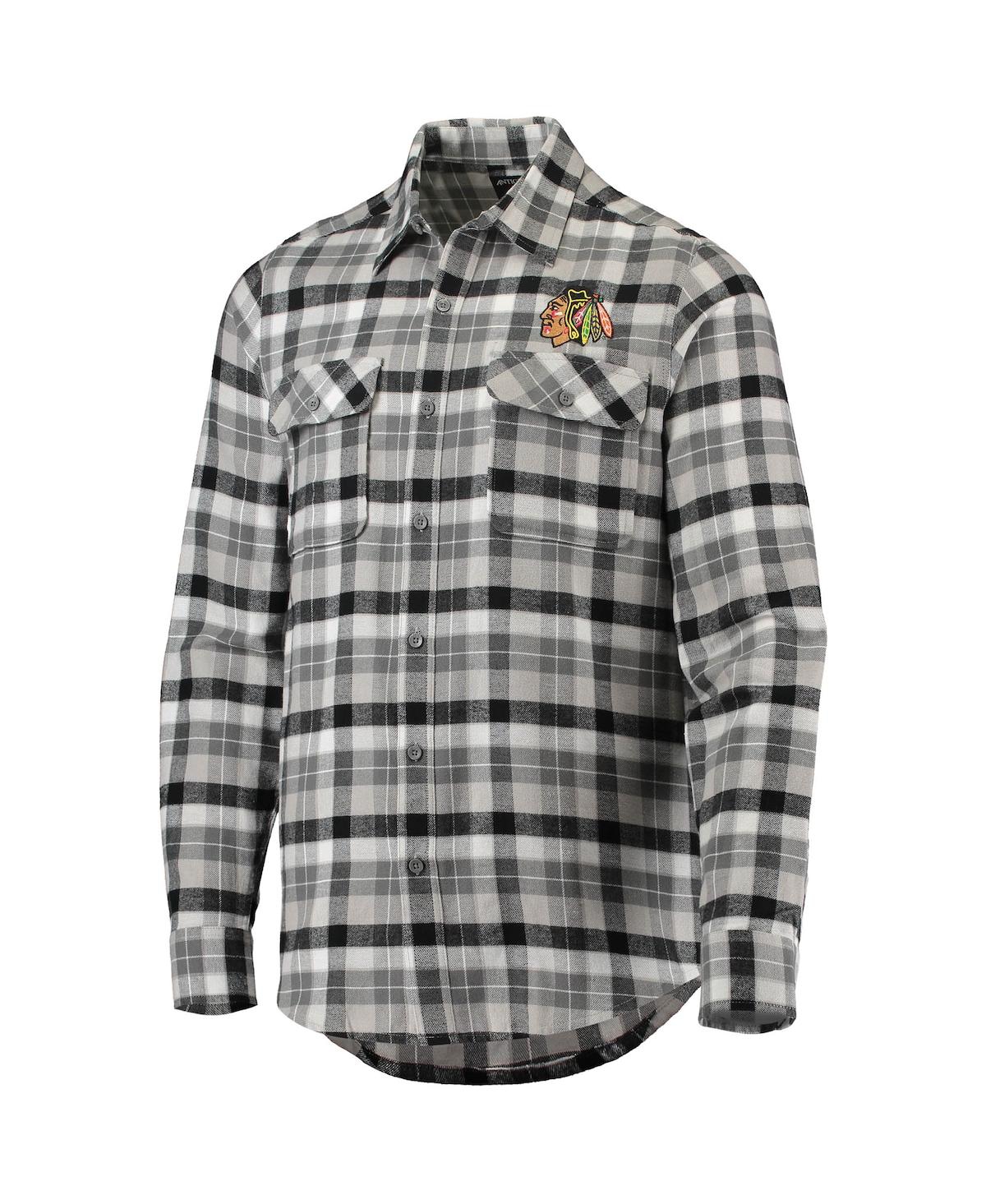 Shop Antigua Men's  Black And Gray Chicago Blackhawks Ease Plaid Button-up Long Sleeve Shirt In Black,gray