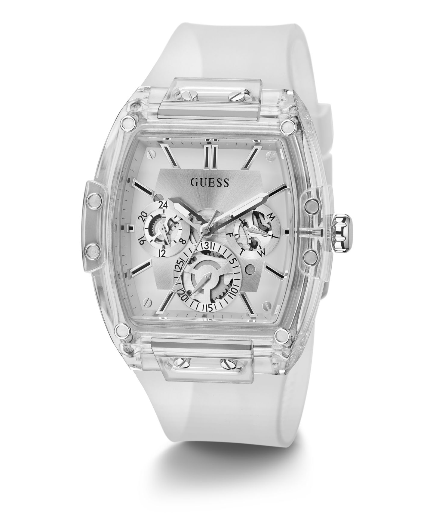 Мужские часы GUESS Multi-Function Transparent and Silver-Tone Silicone Strap Watch 43mm — фото 5