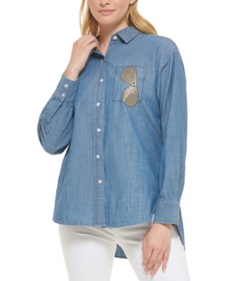 KARL LAGERFELD PARIS - Women's Cotton Faux Pocket Shirt