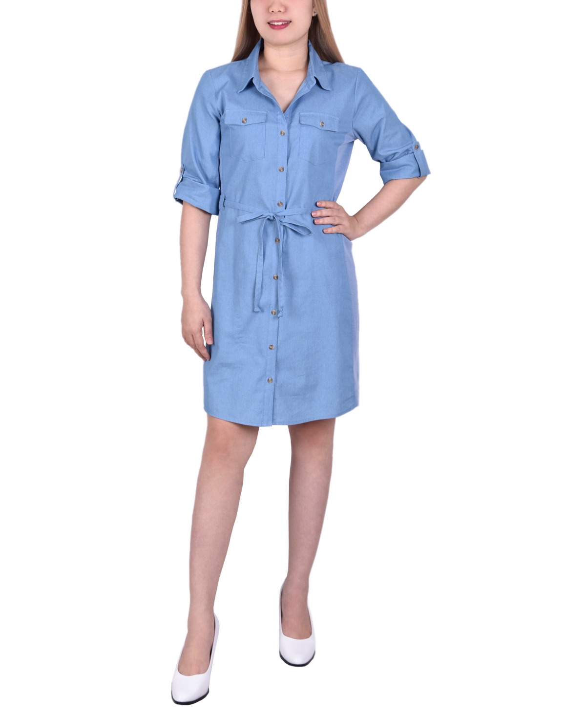 Ny Collection Petite 3/4 Roll Tab Sleeve Denim Dress In Light Knitdenim