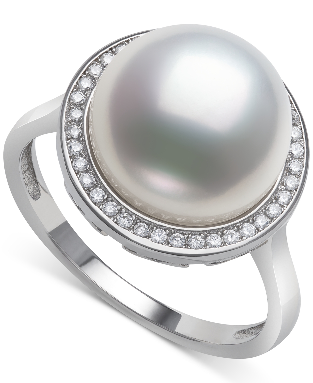 Cultured Freshwater Button Pearl (11mm) & Cubic Zirconia Halo Ring in Sterling Silver - Sterling Silver