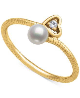 Belle de Mer - Cultured Freshwater Button Pearl (4mm) & Lab-Created White Sapphire (1/20 ct. t.w.) Heart Bypass Ring
