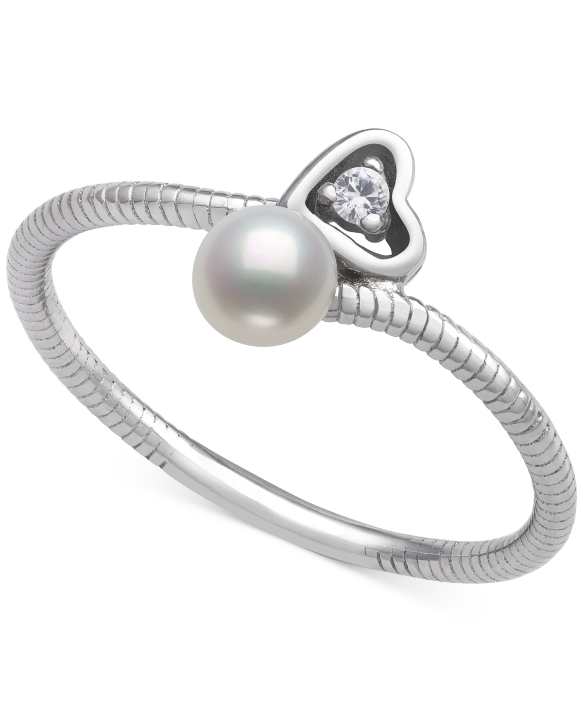 Belle de Mer Cultured Freshwater Button Pearl (4mm) & Lab-Created White Sapphire (1/20 ct. t.w.) Heart Bypass Ring