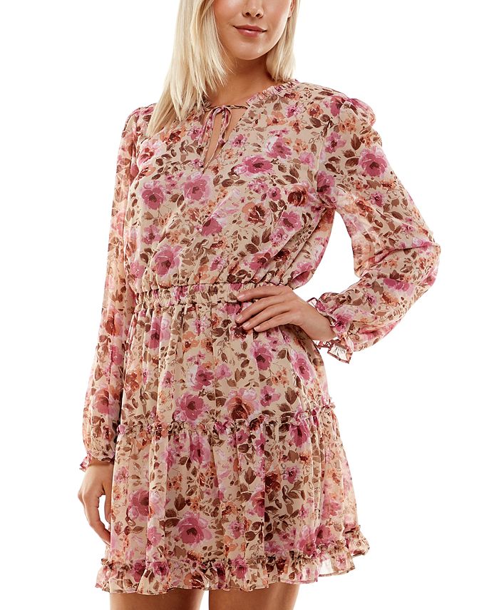 Crystal Doll Juniors' Printed Long-Sleeve Fit & Flare Dress - Macy's