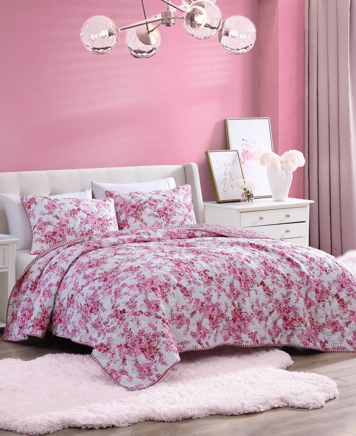 Betsey Johnson 3 Piece Floral Vineyard Quilt Set, Full/queen In Berry Pink