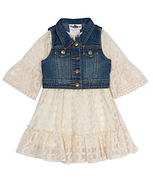 Toddler Girls Embroidered Mesh Dress and Denim Vest, 2 Piece Set