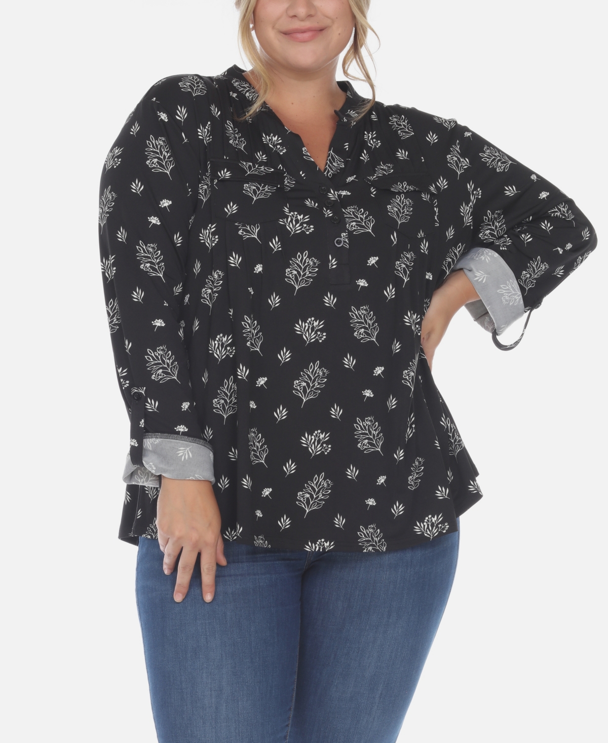 Plus Size Pleated Long Sleeve Top - Black