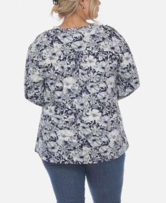 Plus Size Pleated Long Sleeve Floral Print Blouse