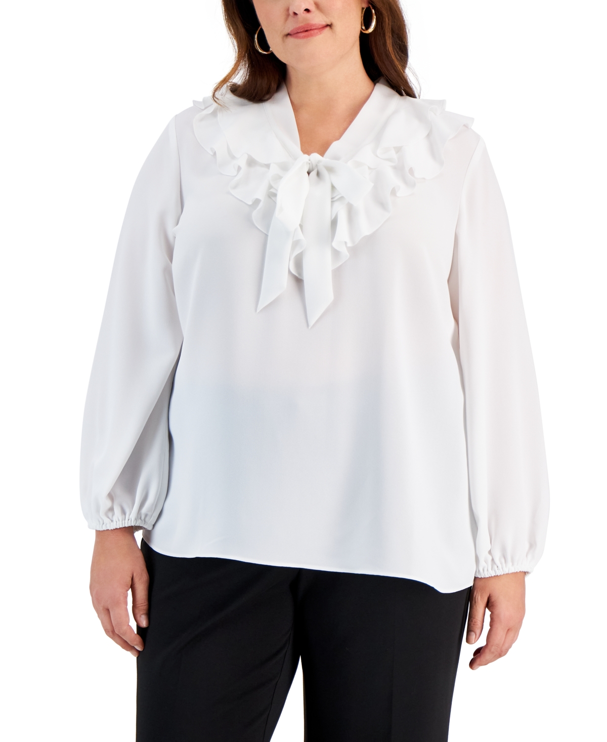 Plus Size Tie-Front Ruffle-Trim Blouse - Vanlla Ice