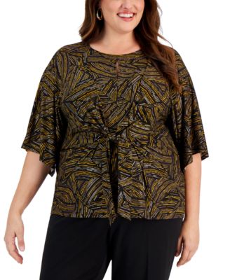 Kasper - Plus Size Printed Elbow-Sleeve Tie-Waist Top