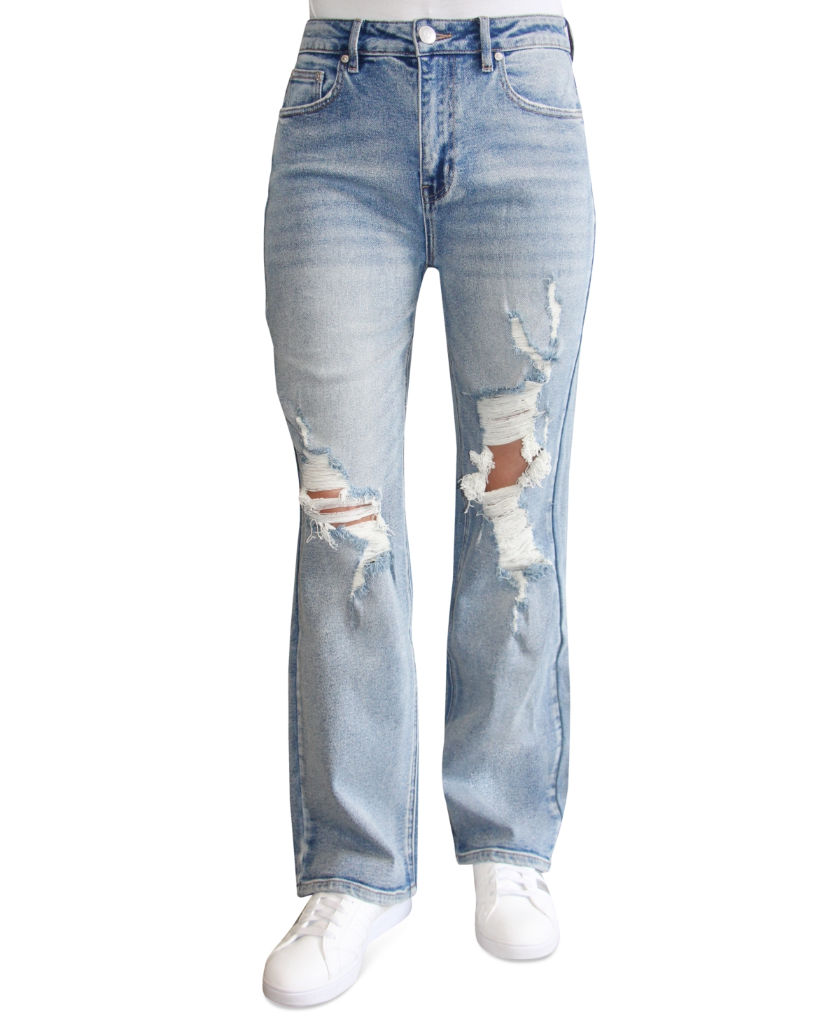 Juniors' High Waisted Distressed Wide-Leg Jeans - Light Wash