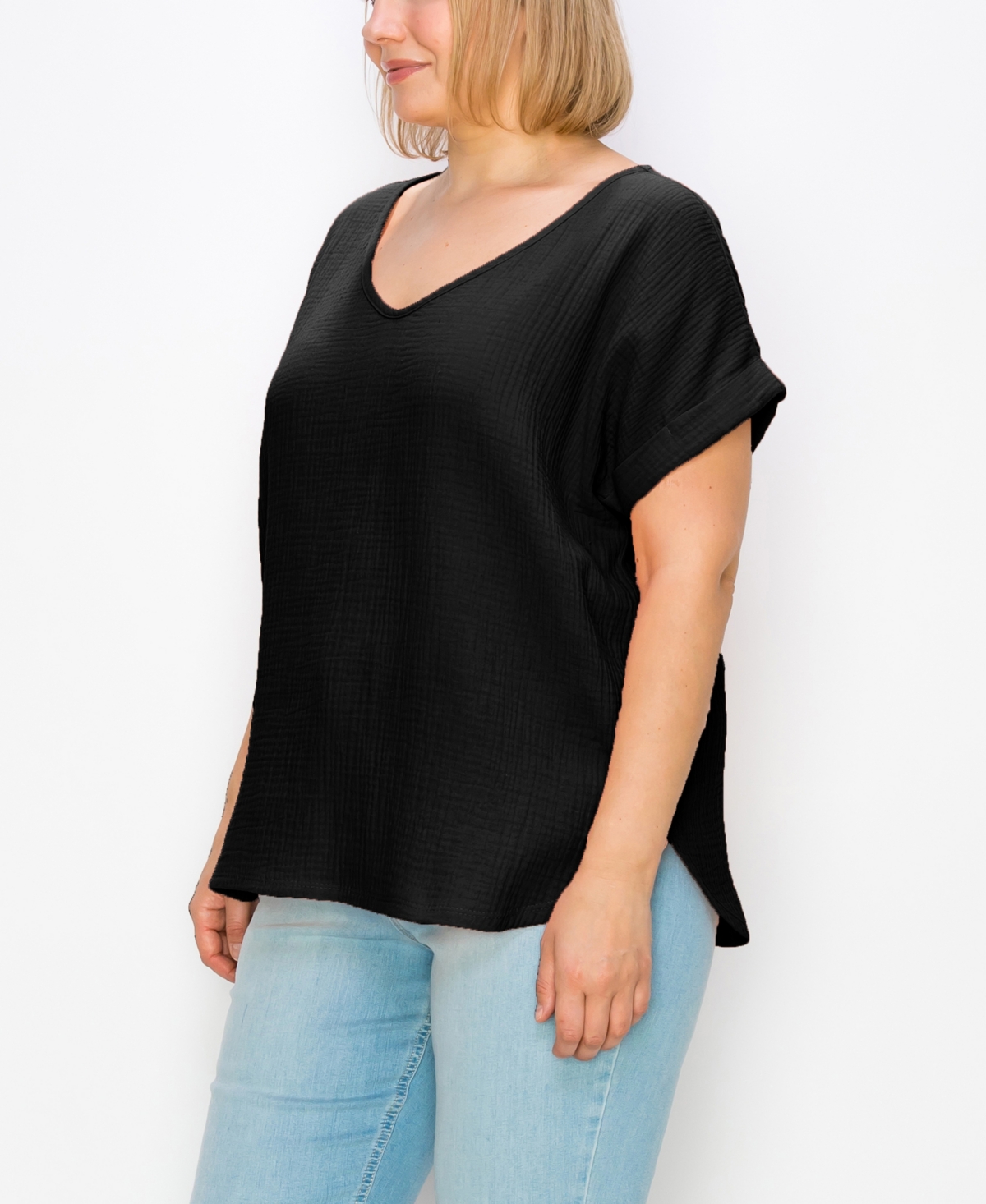 Coin 1804 Plus Size Gauze V-neck Rolled Sleeve Top
