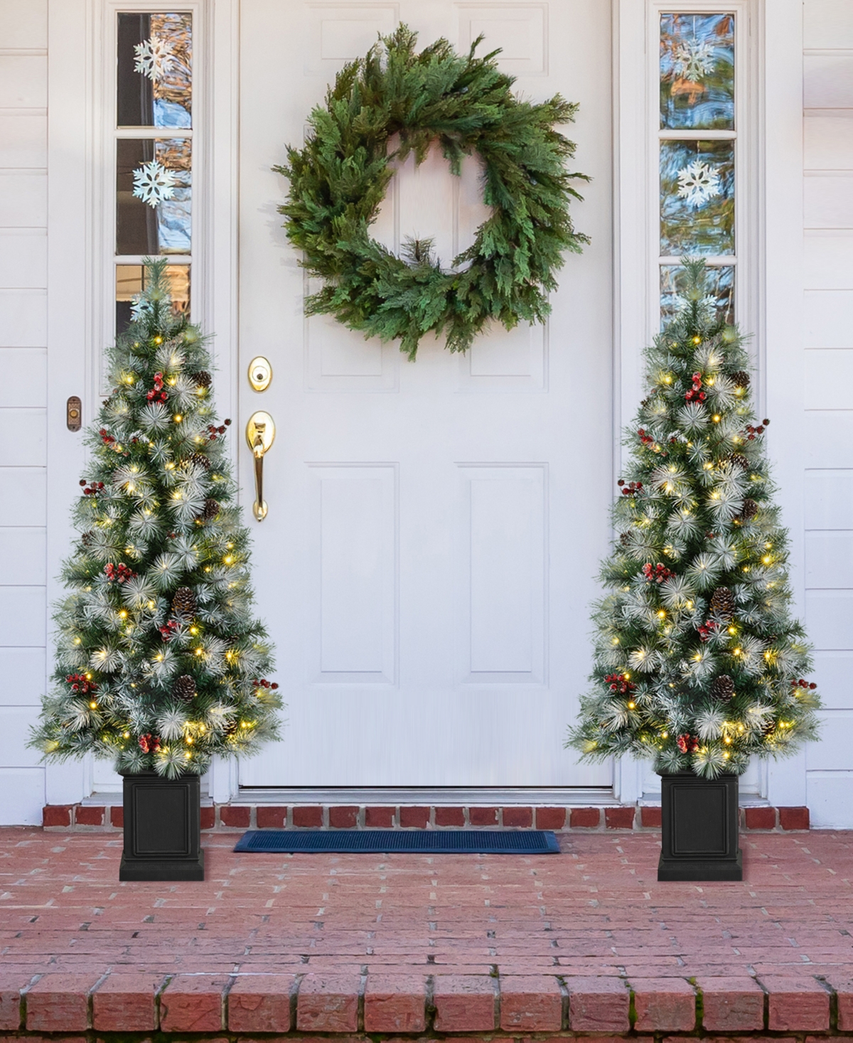 Glitzhome Pre-Lit Pine Artificial Christmas Porch Tree with 150 Warm White Lights Set, 2 Piece
