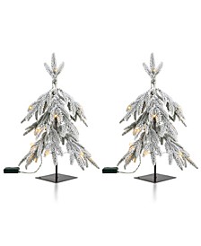 2' Pre-Lit Downward Wrapped Flocked Pine Artificial Christmas Greenery Table Tree with 20 Warm White Lights Set, 2 Piece