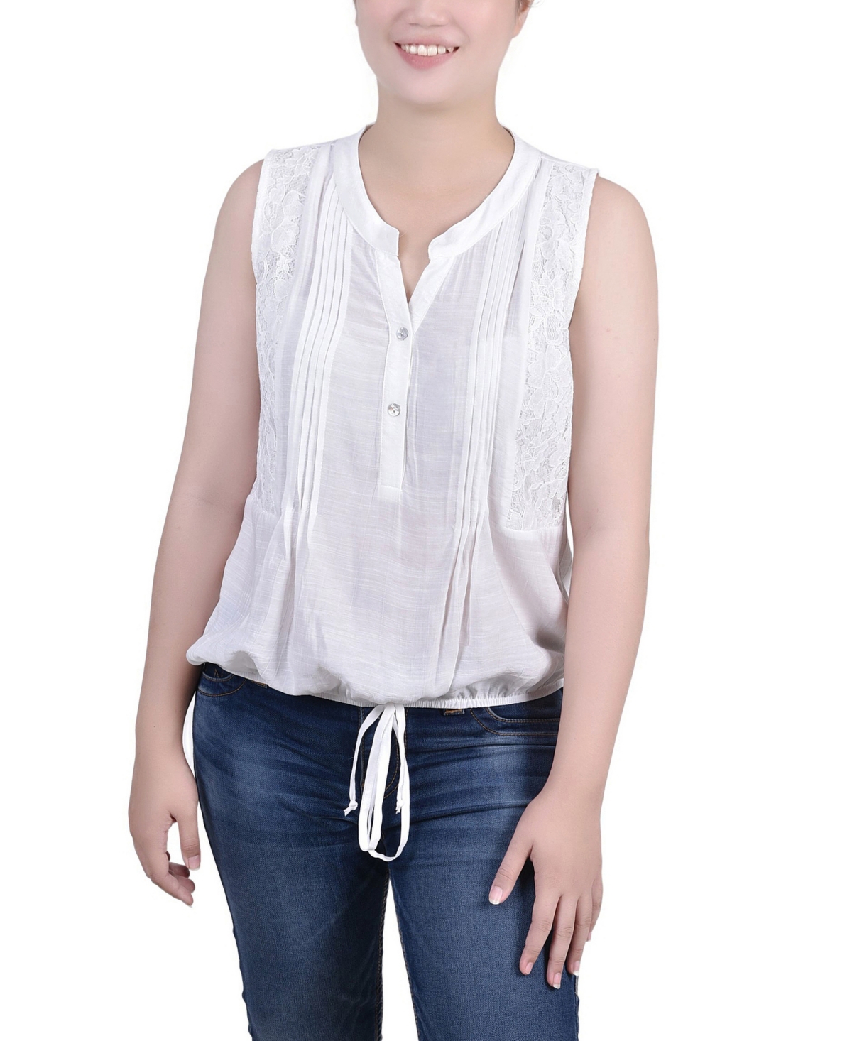 Petite Size Sleeveless Pintucked Blouse - White