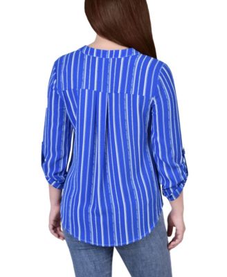 Petite Size 3/4 Push Tab Mandarin Collar Blouse with Front Pleats